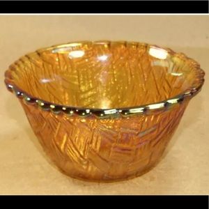 Indiana Glass Amber Basket Weave Bowl, Iridescent Amber Carnival Glass